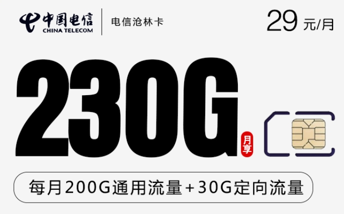 【20年套餐】电信沧林卡29元月租包200G通用流量+30G定向流量+300分钟