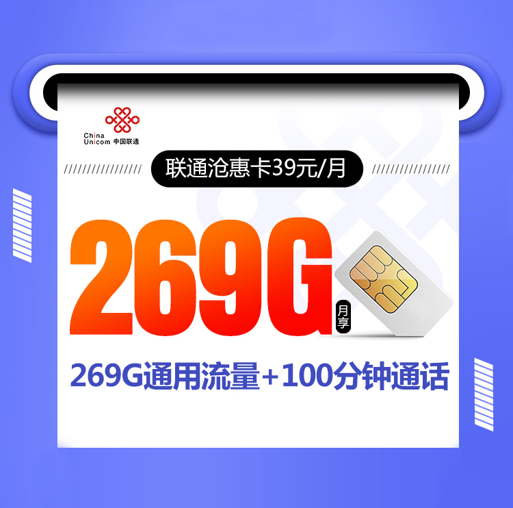 联通沧惠卡【39元269G+100分钟】